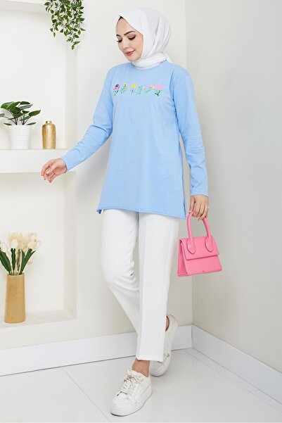 Bestenur Μοτίβο λουλουδιών Hijab Tunic 1425 - Baby Blue