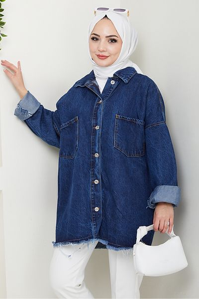 Bestenur Tasseled Oversize τζιν μπουφάν 1458 - Μπλε