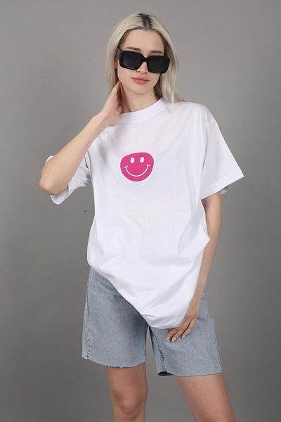 Madmext Weißes bedrucktes Oversize-Damen-T-Shirt mit Rundhalsausschnitt