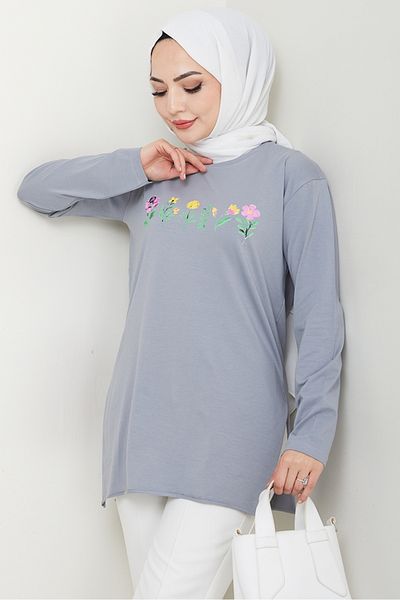 Bestenur Flower Pattern Hijab Tunic 1425 - Gray