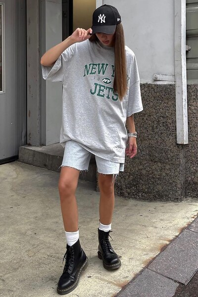 Madmext Grau bedrucktes T-Shirt Übergroßes Damen-T-Shirt Mg1226