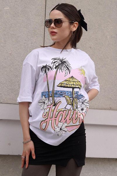 Madmext Γυναικείο T-Shirt με λευκό εμπριμέ Crew Neck Mg1765
