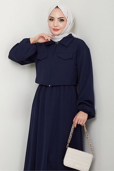 Bestenur Μπουφάν Φόρεμα Διπλό Σετ 1433 - Navy Blue