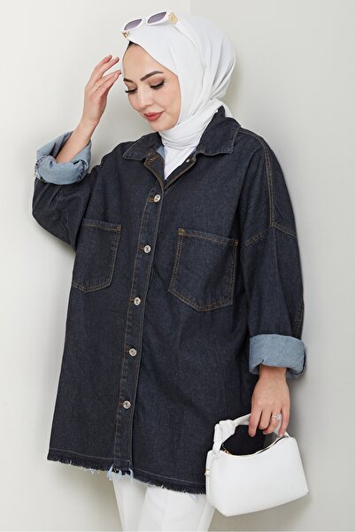 Bestenur Tasseled Oversize Denim Jacket 1458 - Anthracite