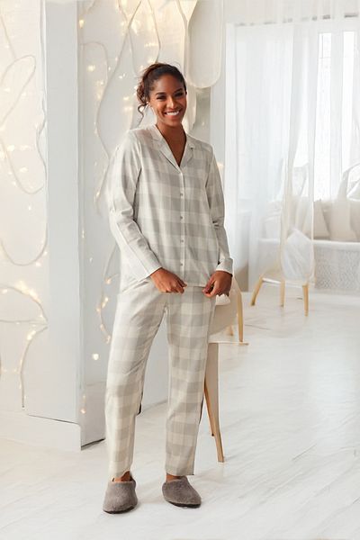 DOFİ Dofi Women's Gray Gingham Pajama Set Long Sleeve with Button