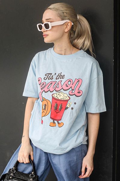 Madmext Tricou pentru damă cu gât crew cu imprimeu albastru gheață Mg1776