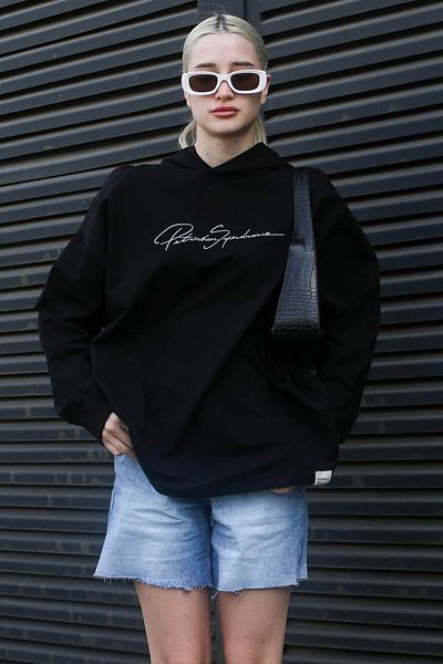 Madmext Black Embroidered Hooded Women's Sweatshirt Mg1691