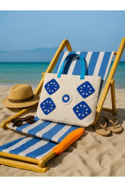 Fun Life Navy Blue Motif Canvas Beach Bag