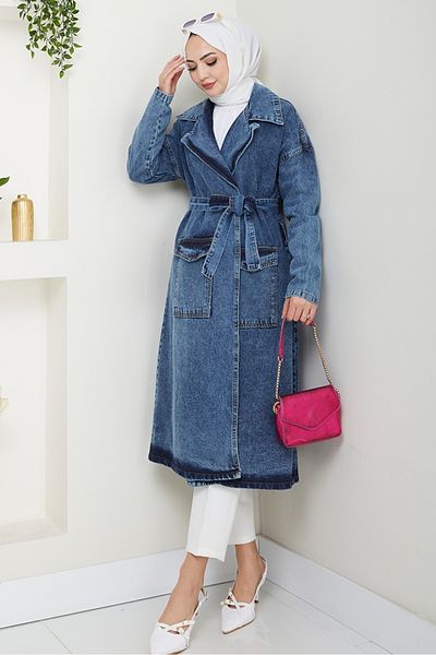 Bestenur Zeyal Belted Denim Trench 1434 - Μπλε