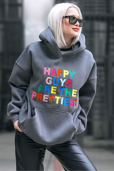 Madmext Smoke Colored Embroidered Crew Neck Sweatshirt Mg1574