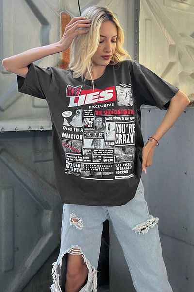 Madmext Anthrazitfarbenes, hinten bedrucktes Over-Fit-Damen-T-Shirt Mg1506