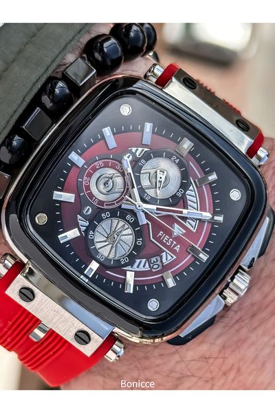 Fiesta Red Silicone Cord, Steel Case, Functions Active, Men's Wristwatch Bracelet Gift