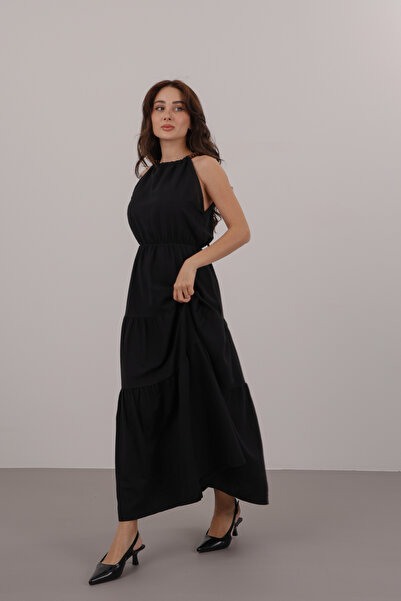 FACETTE Women's2022459932 Black Beaded Strap Flounce Dress