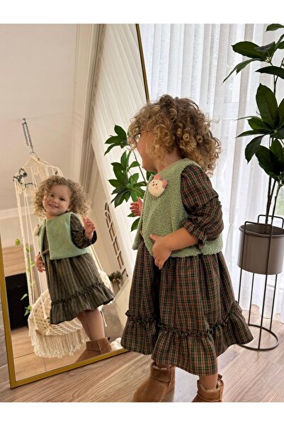 Cherrys Bebek Plaid Girl's Dress with Plush Vest