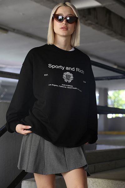 Madmext Hanorac oversize pentru damă, negru, cu gât turnu, imprimat Mg1577