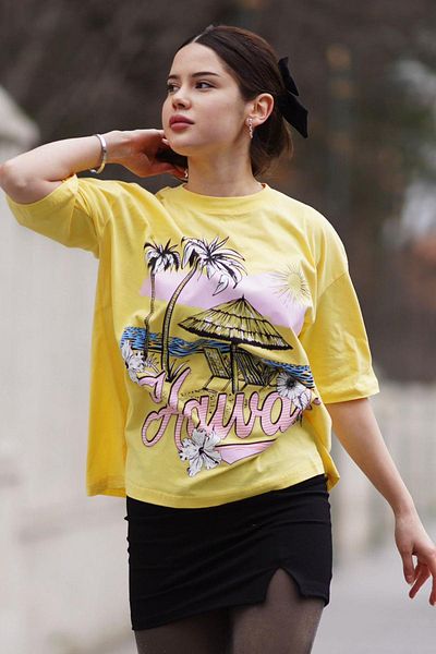 Madmext Gelb bedrucktes Damen-T-Shirt mit Rundhalsausschnitt Mg1765