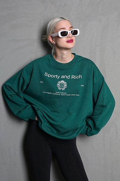 Madmext Dark Green Crew Neck Printed Oversize Women's Sweatshirt MG1577