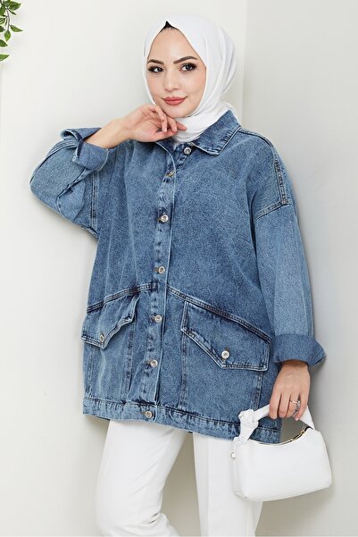 Bestenur Leliy Oversize Kot Ceket 1441 - Mavi