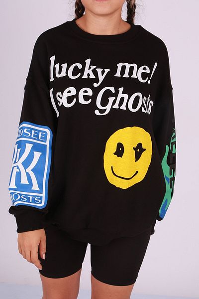 Madmext Mad Girls Black Printed Oversize Sweatshirt Mg1206