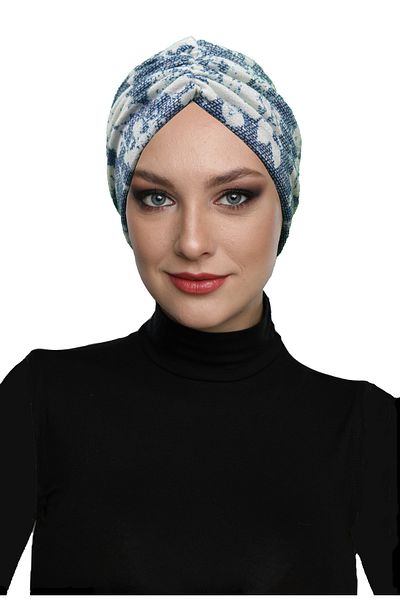 fidan bone Patterned Draped Petrol Blue Double Sided Ready-Made Turban Hijab Bonnet