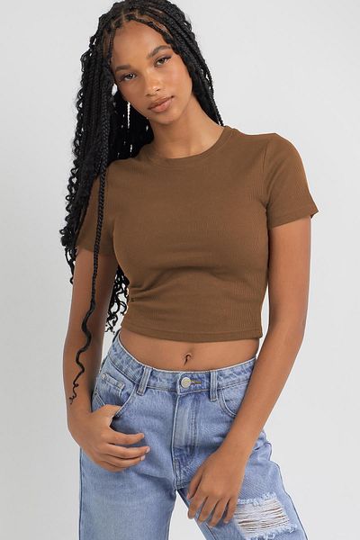 Madmext Hnědé dámské tričko Basic Crop Mg1772
