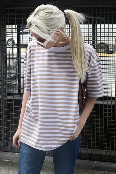 Madmext Beige Striped Crew Neck T-Shirt Mg1656