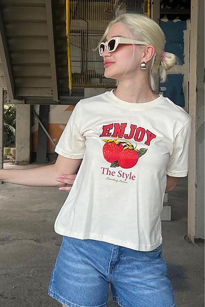Madmext Tricou de damă din bumbac alb cu gât crew - MG2150