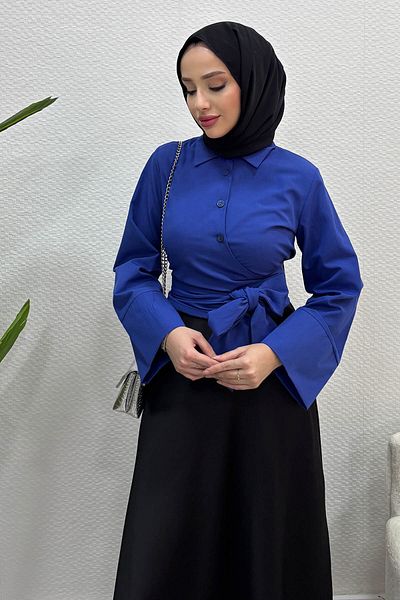 Tesettür Diyarı Cămașă de damă cu panglică -Saks