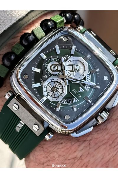 Fiesta Green Silicone Cord,Functions Active,Steel Case Vip Special Series Men Wristwatch Wristband with Gift
