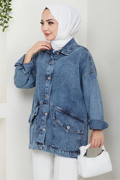 Bestenur Leliy Oversize τζιν μπουφάν 1441 - Μπλε