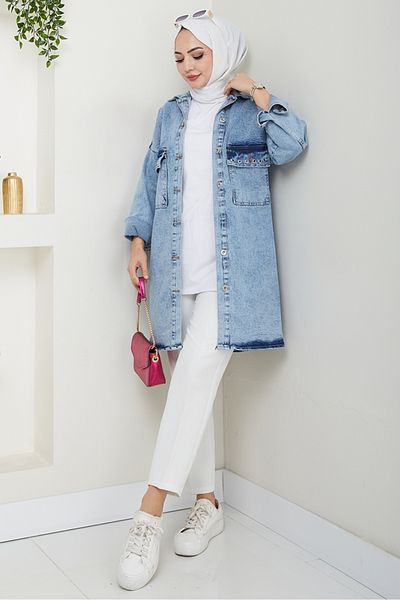 Bestenur Bird Eye Denim Jacket 1462 - Ice Blue