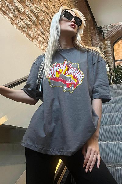 Madmext Geräuchertes bedrucktes Oversize-Damen-T-Shirt Mg1836