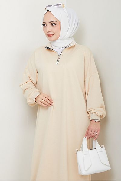Bestenur Φόρεμα Eyzen Half Zipper 1423 - Μπεζ