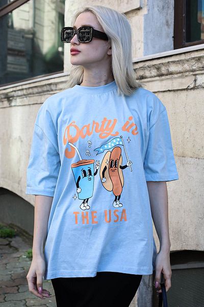 Madmext Tricou de damă cu gât crew cu imprimeu albastru gheață Mg1777