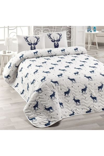 Eponj Home Set cuvertura matlasata + 2 fete perna, 200 x 220 cm, Geyik Dark Blue