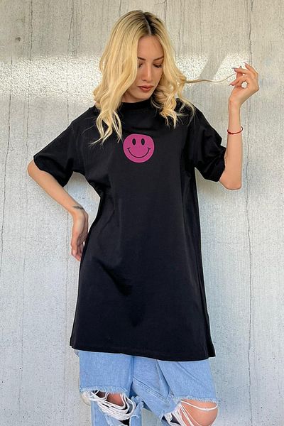 Madmext Schwarzes bedrucktes Oversize-Damen-T-Shirt mit Rundhalsausschnitt