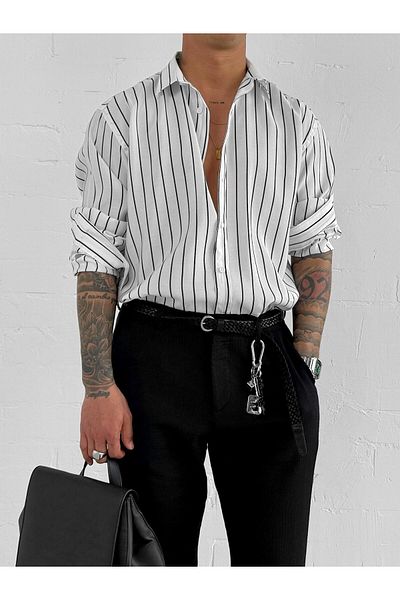 ablukaonline Ανδρικό ριγέ άνετο πουκάμισο oversize από ύφασμα που αναπνέει λευκό