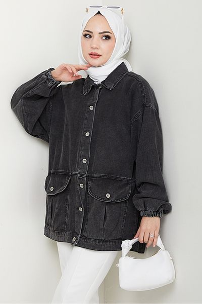 Bestenur Τζιν μπουφάν Oversize με τσέπη τσάντας 1442 - Anthracite