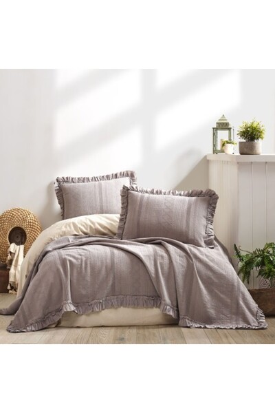 Şaheser Set cuvertura + 2 fete perna cu volan, 220 x 240 cm, Tiziana gri