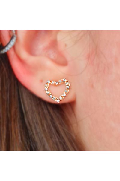SE Jewellery Collection Selin Ersoy Pearl and Zircon Stone Detailed Heart Earrings Rose Gold, Xuping, Non Tarnish, Water Resistant, 1 cm