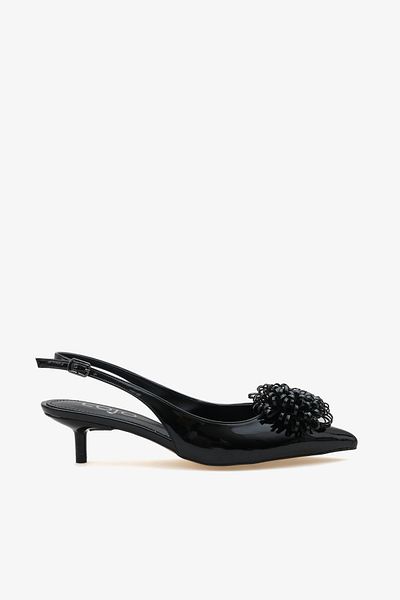 LOJO Women's Flower Buckle Open Back Pointed Toe Heeled Stiletto Fernas Black