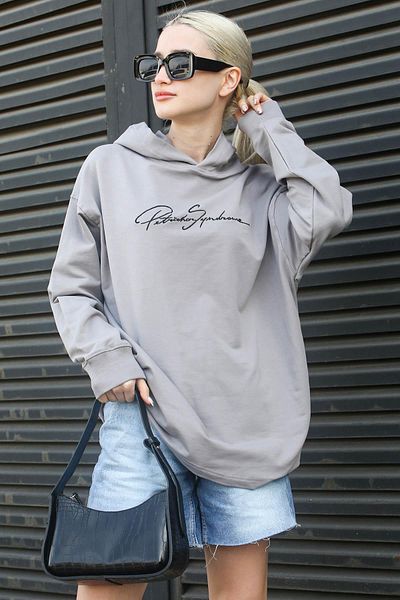 Madmext Painted Gray Embroidered Hooded Women's Sweatshirt Mg1691