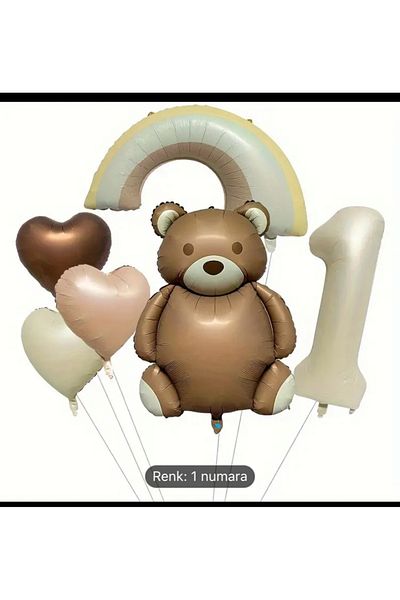 Çemrek Süs Parti Retro Bear Rainbow Heart Number Age Foil Balloon Set of 6
