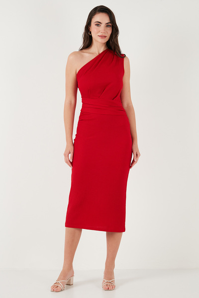 Lela Desenli Slim Fit Yırtmaçlı Midi Boy Tek Omuzlu Elbise ELBİSE 5866202