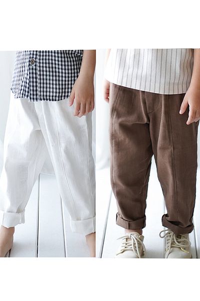 Catz Kids 2-Piece Linen Carrot Pants for Boy - 100% Cotton, Brown and White