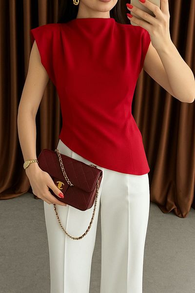 Butik Beyza Asymmetrical Cut Shoulder Padded Back Zipper Blouse