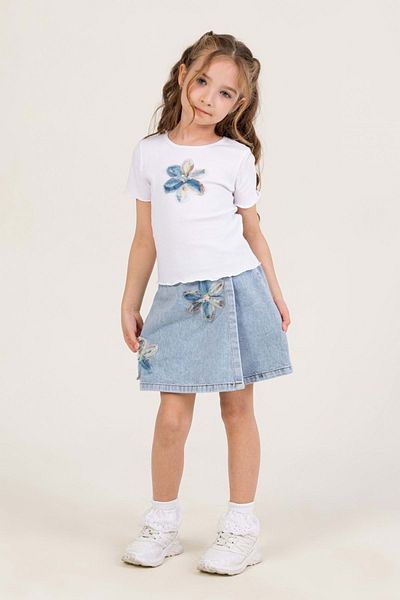 wakawakakidsstore Floral Print White Crop T-Shirt and Denim Skirt Girl's Set