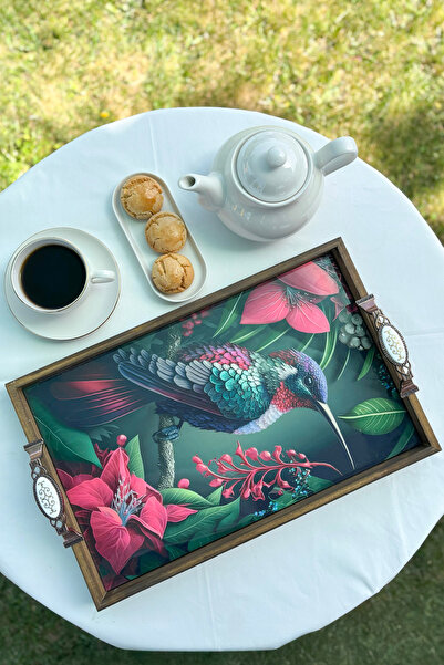 FARİKA صينية خشبية 42.5 × 27.5 × 4 سم - صينية تقديم وعرض منقوشة - زنبق وردي