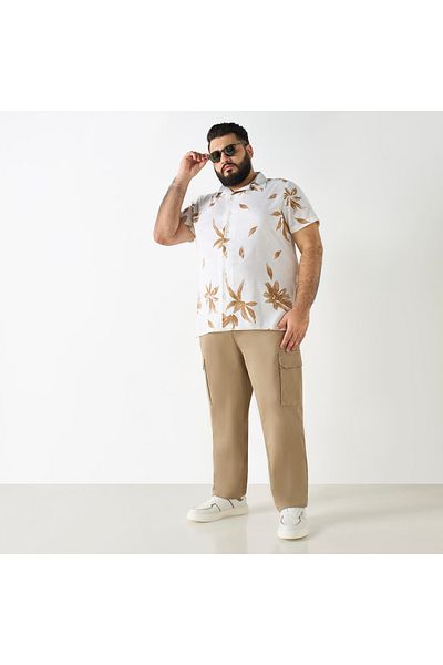 FAV Plus Size Regular Fit Floral Print Linen Blend Shirt with Shorts Sleeves