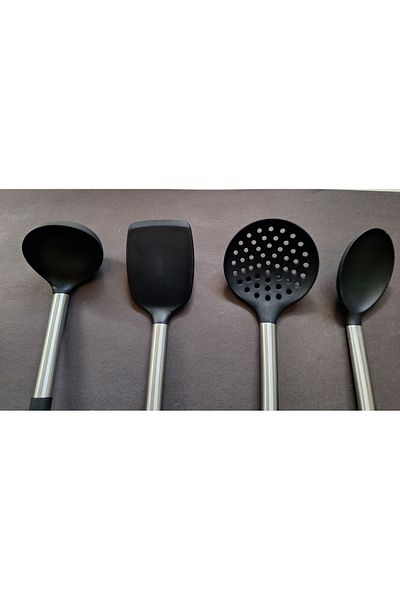 IVORY Set of 4 Fireproof Non-Stick Steel Handle Silicone Spoon, Colander, Spatula, Scoop